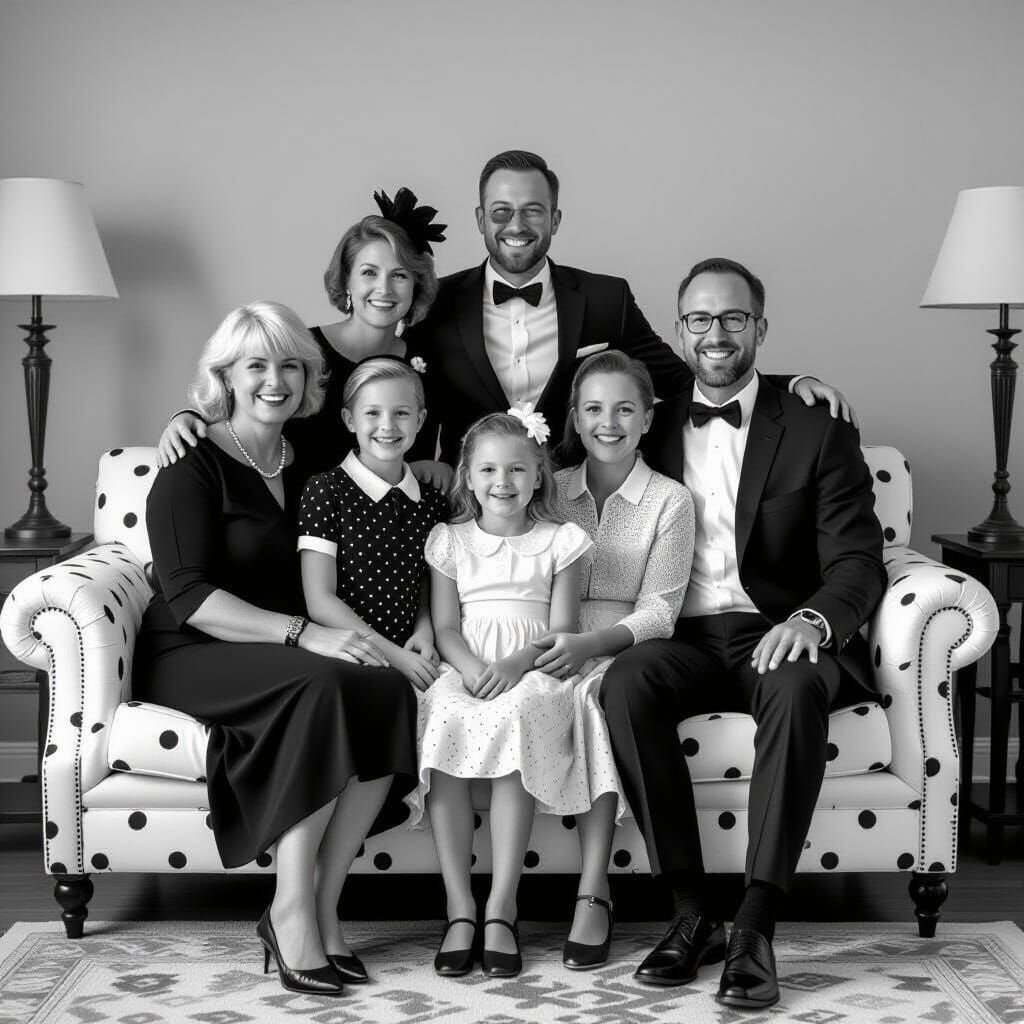 Monochrome Family Portrait on Polka Dot Sofa