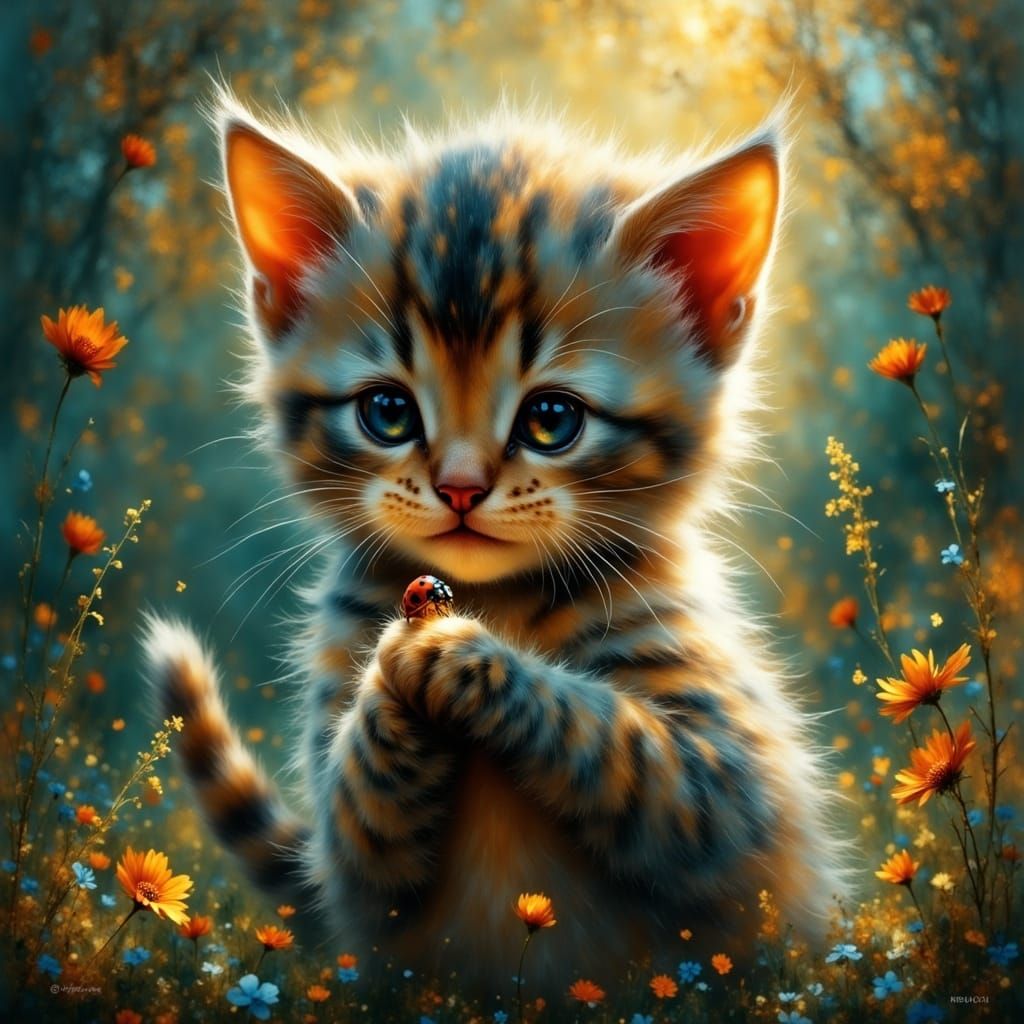 Kitten Contemplates a Ladybug in a Fantastical Scene