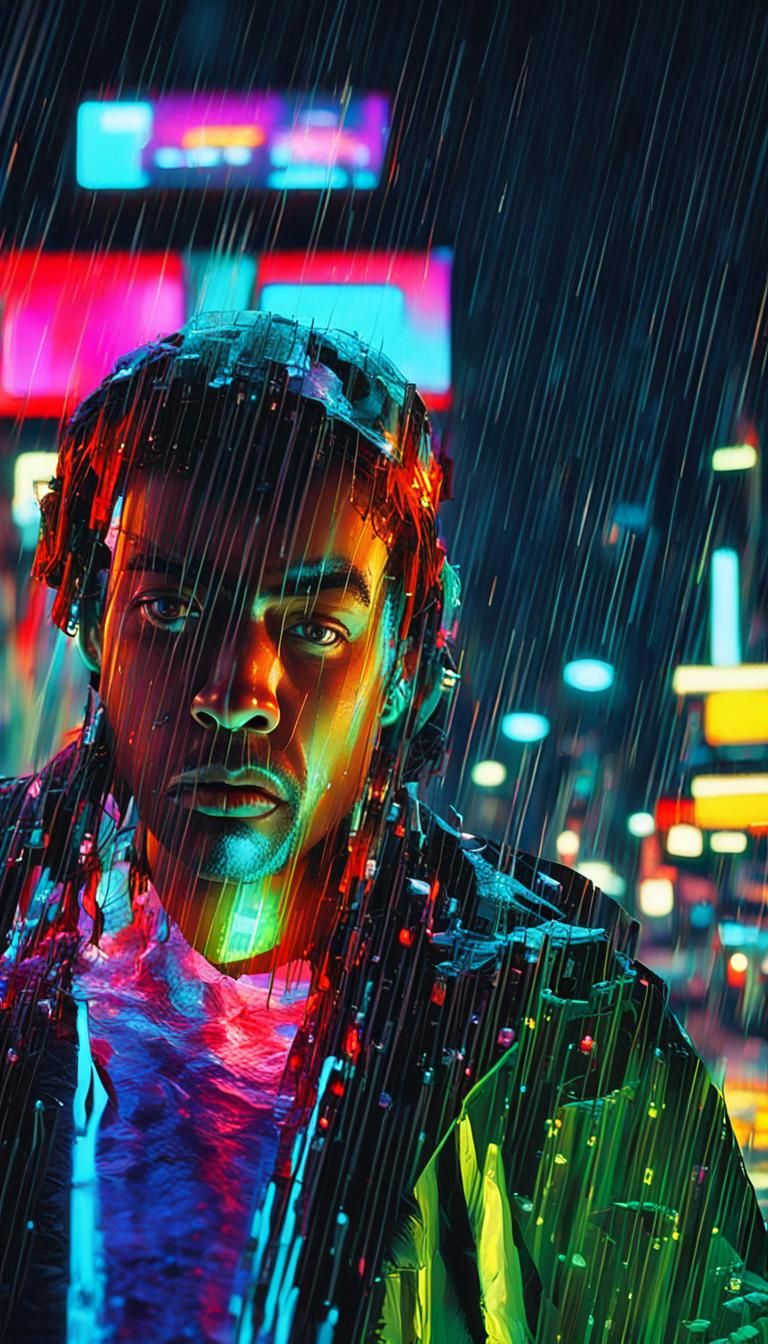 Rainy Cyberpunk Scene with Neon Accents