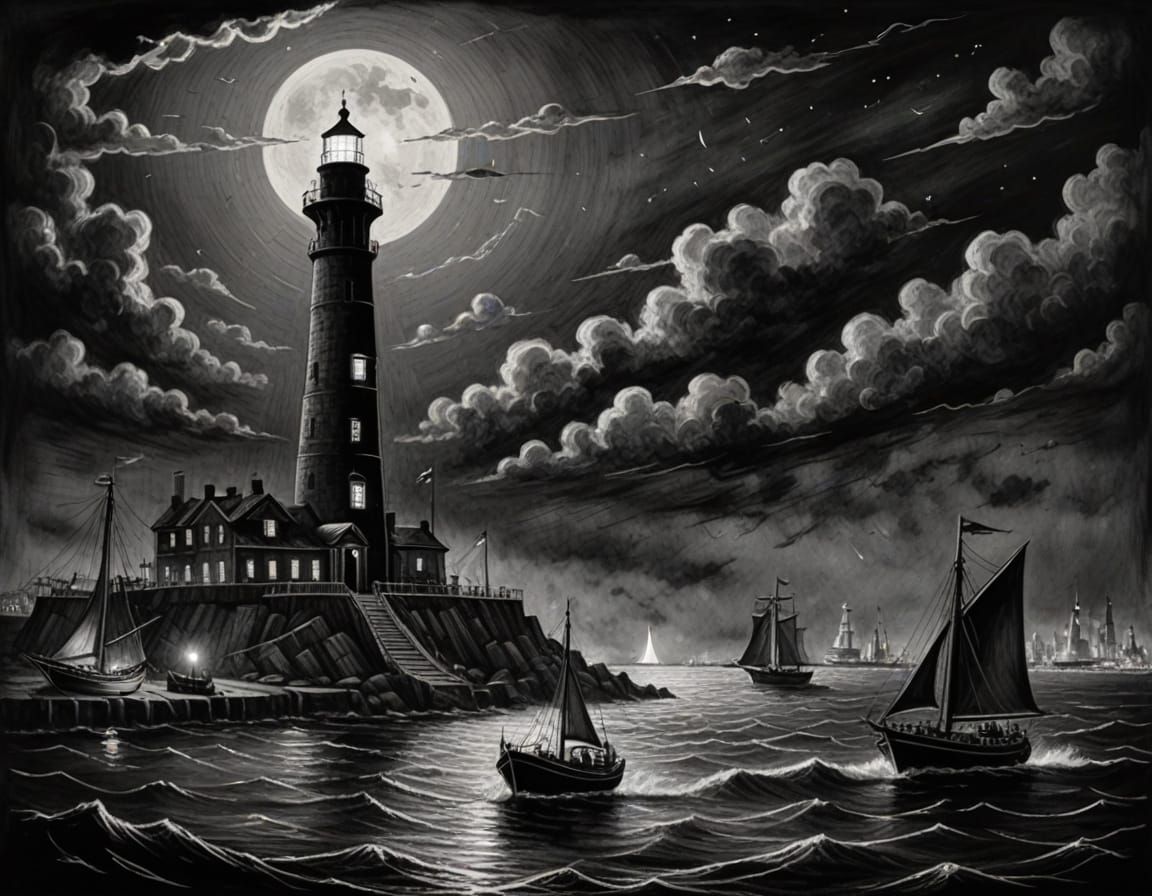 Monochrome Lighthouse of Alexandria at Night