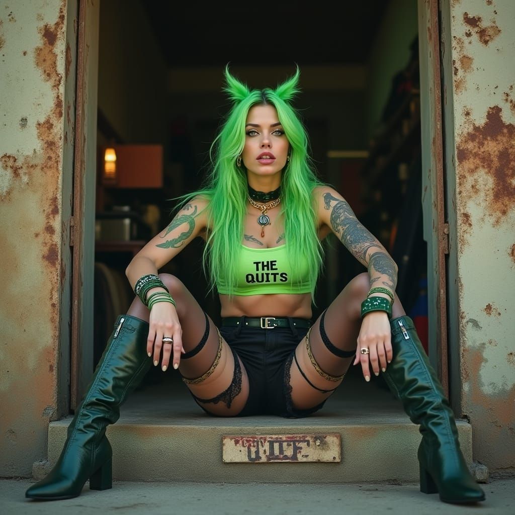 Sultry Green Goddess in Music Venue Doorway