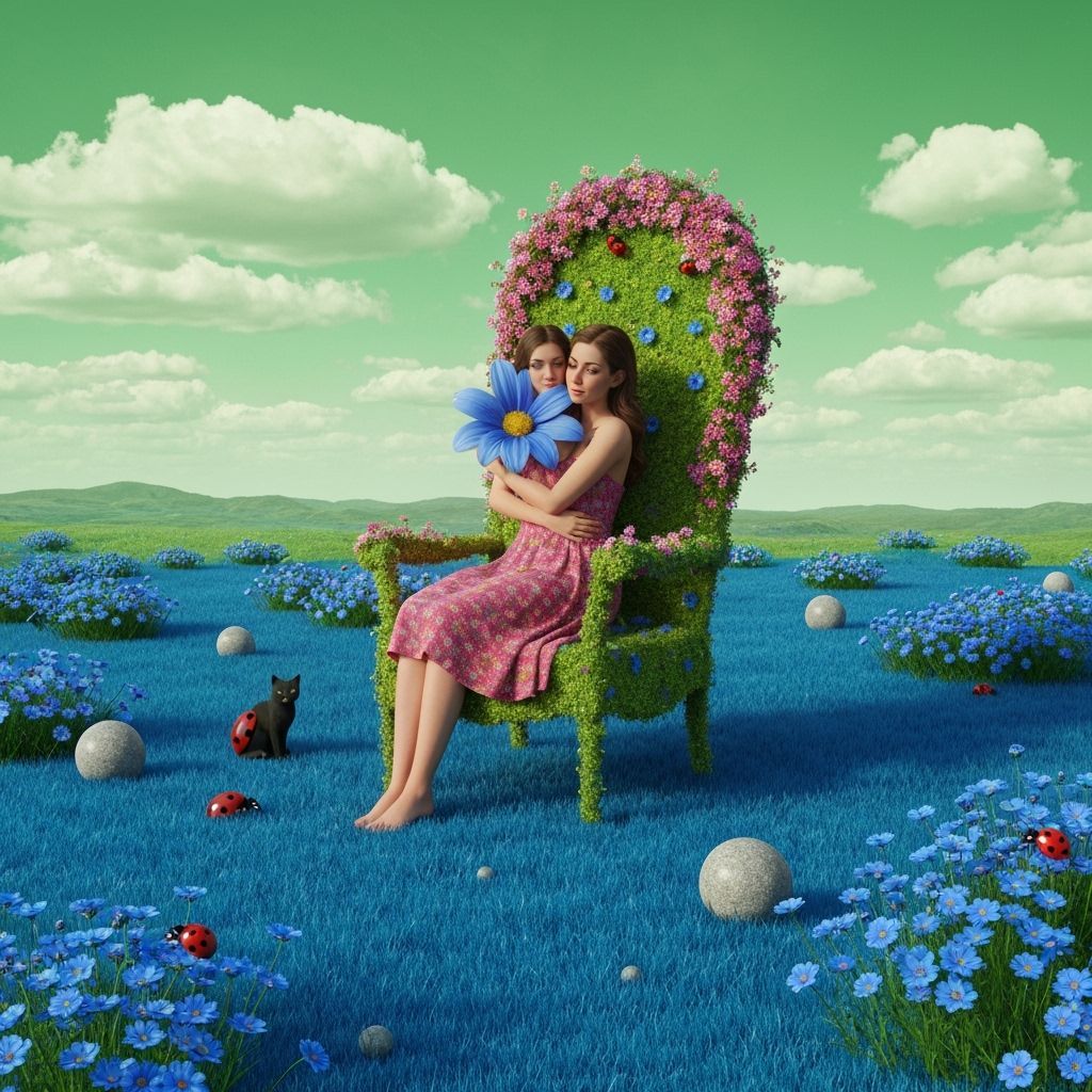 Alien Woman Hugs Flower in Surreal Landscape