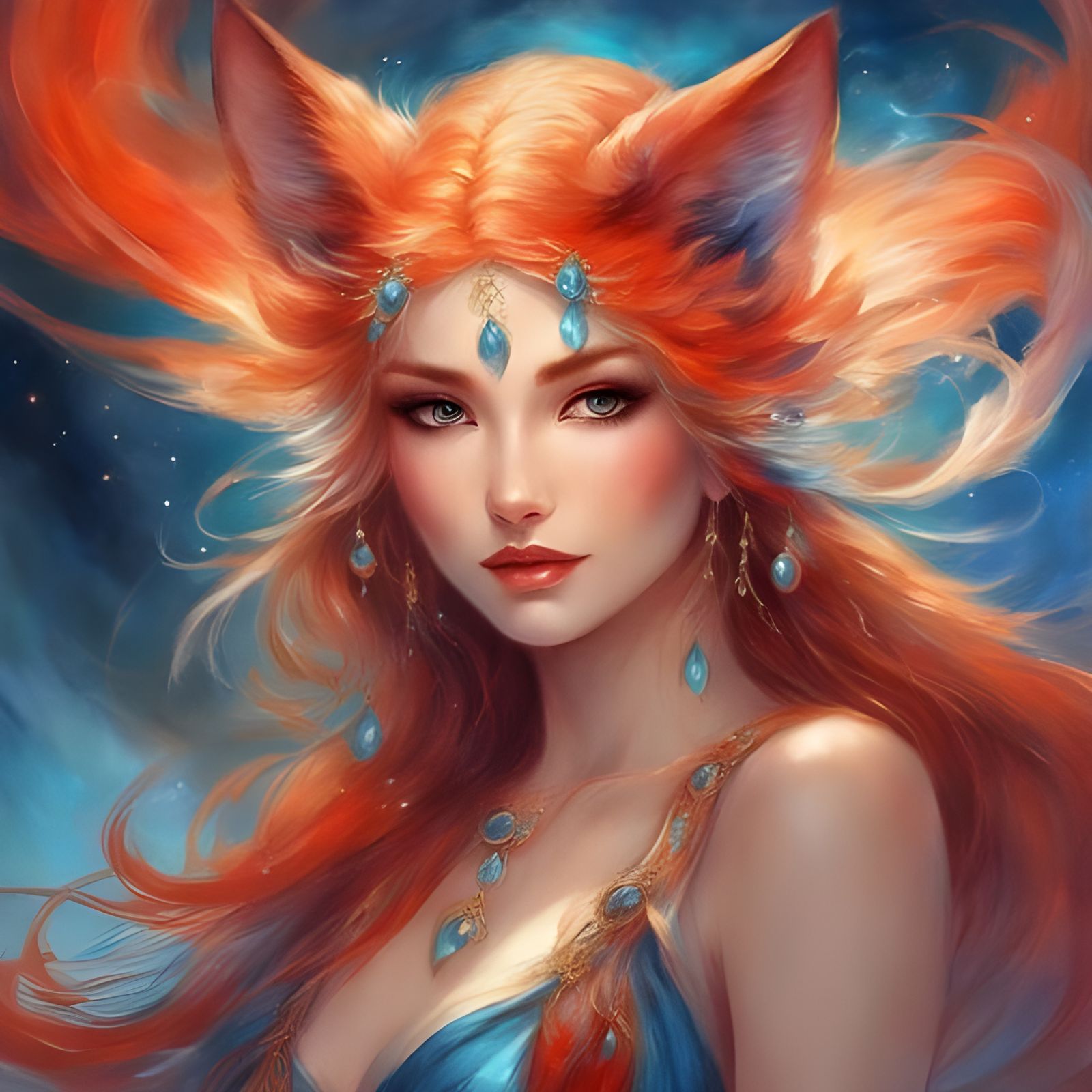 Mesmerizing Kitsune Portrait in Red and Blue