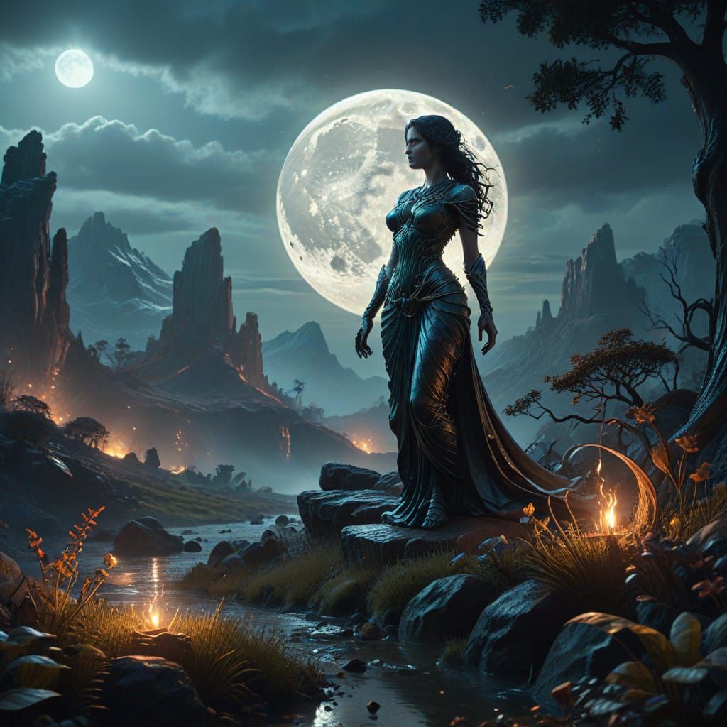 Dreamlike Landscape under a Full Moon with Art Nouveau Influ...