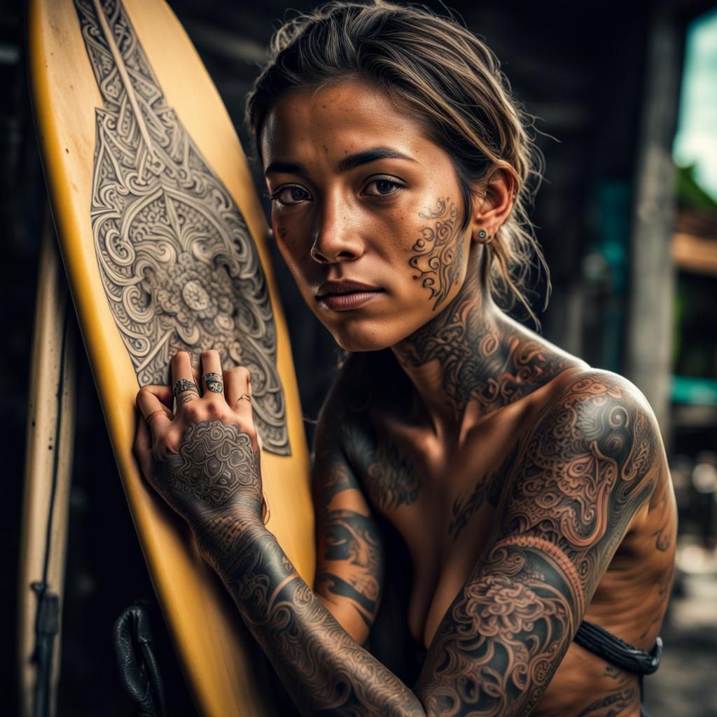 Tattooed Surfer Girl in Bali: Hyperrealistic Image