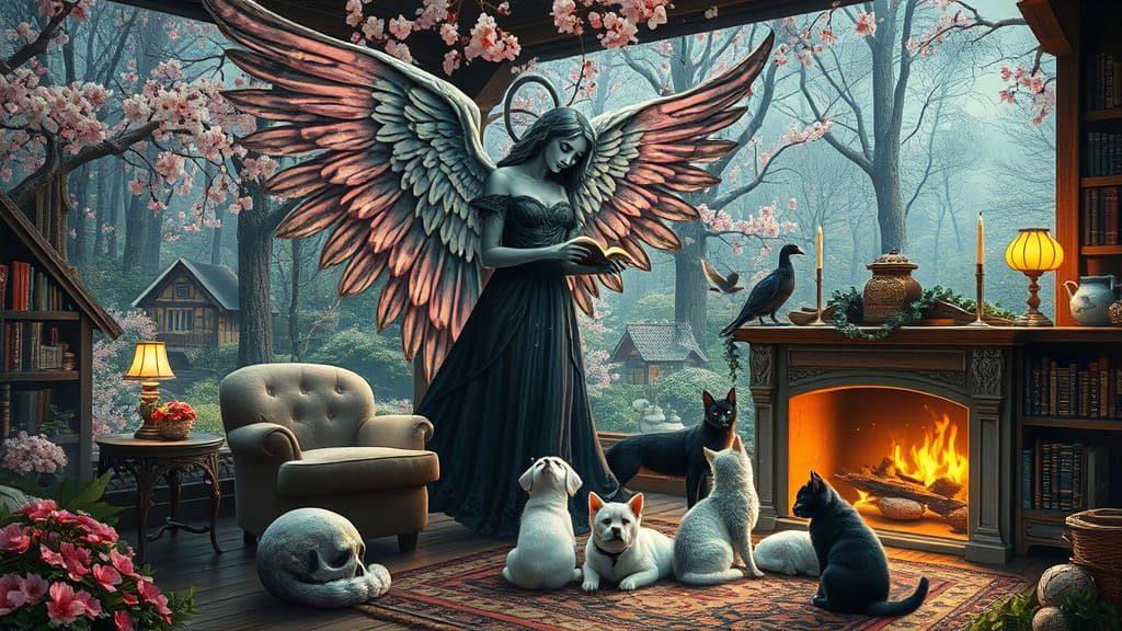 Surreal Angel of Death in Vibrant Springtime Village