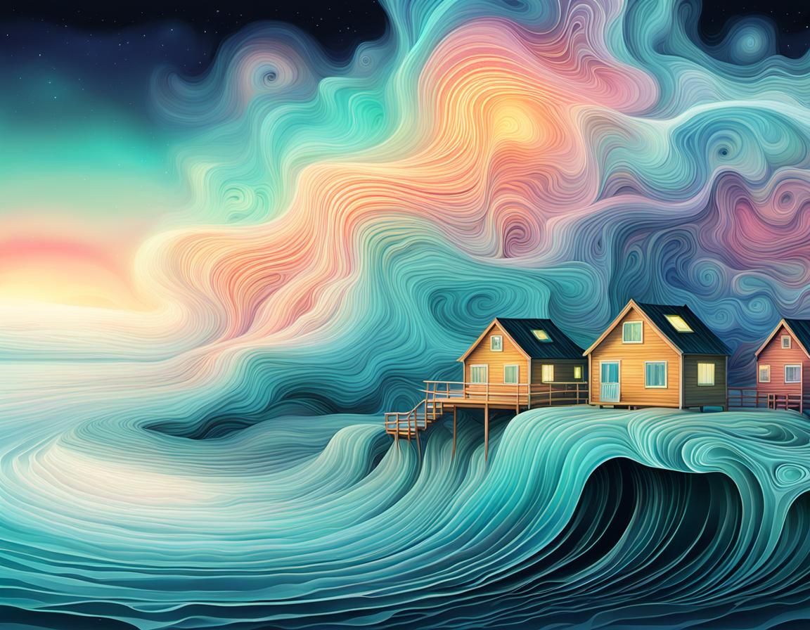 Abstract Fractal Stormy Seascape with Northern Lights