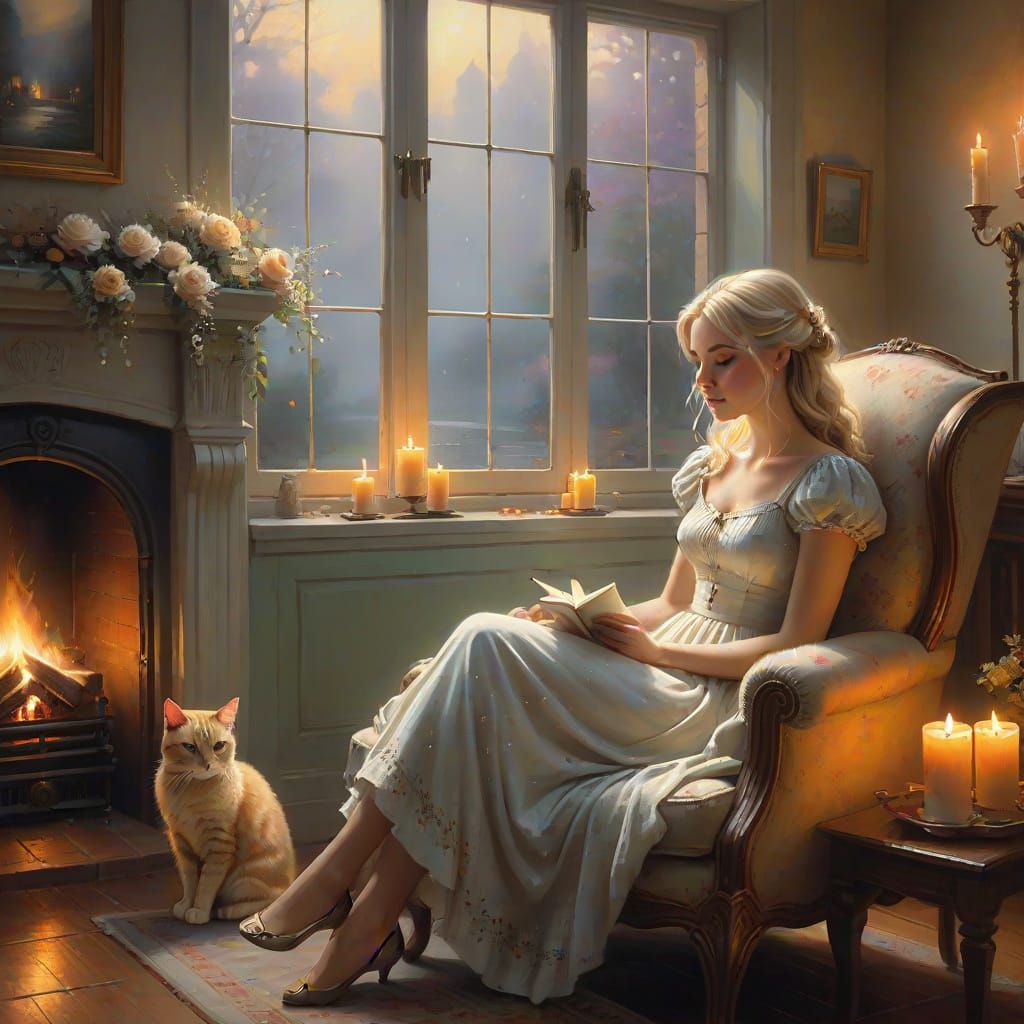 Cozy Reading Nook with Girl, Cat, and Fireplace