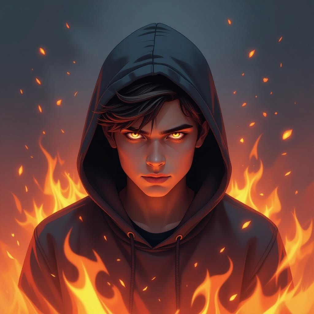Fiery Digital Portrait of Mysterious Teen in Futuristic Styl...