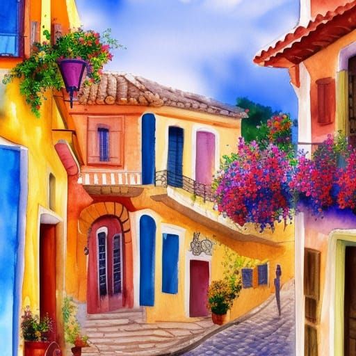 Colorful Spanish Town in Gouache Watercolor Style