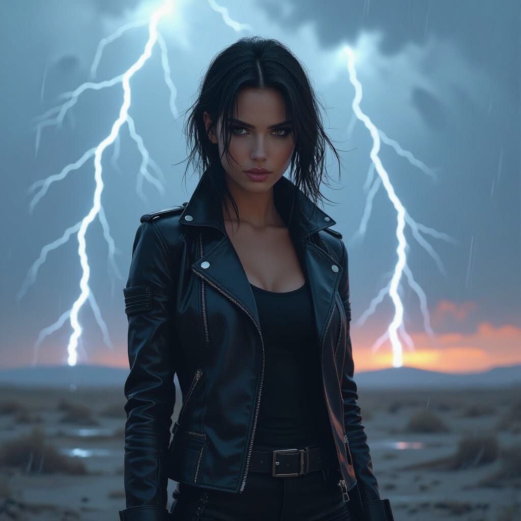 Woman in Stormy Landscape with Futuristic Aesthetic