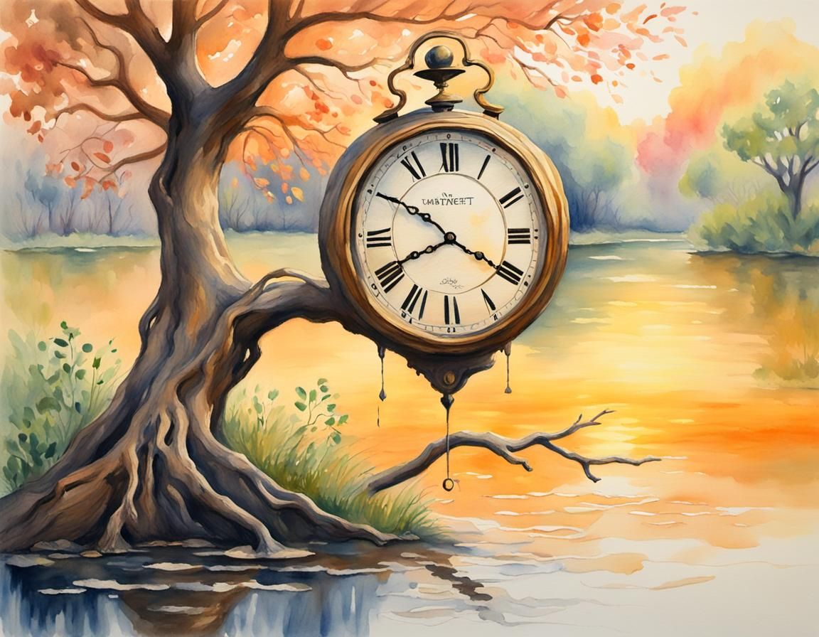 Melting Clock in Serene Landscape: Watercolor Impressionism