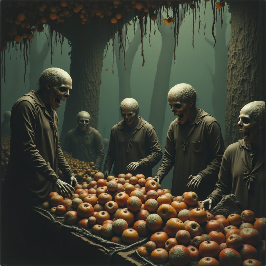 Nightmare Farmer's Market Scene with Skeletons and Zombies