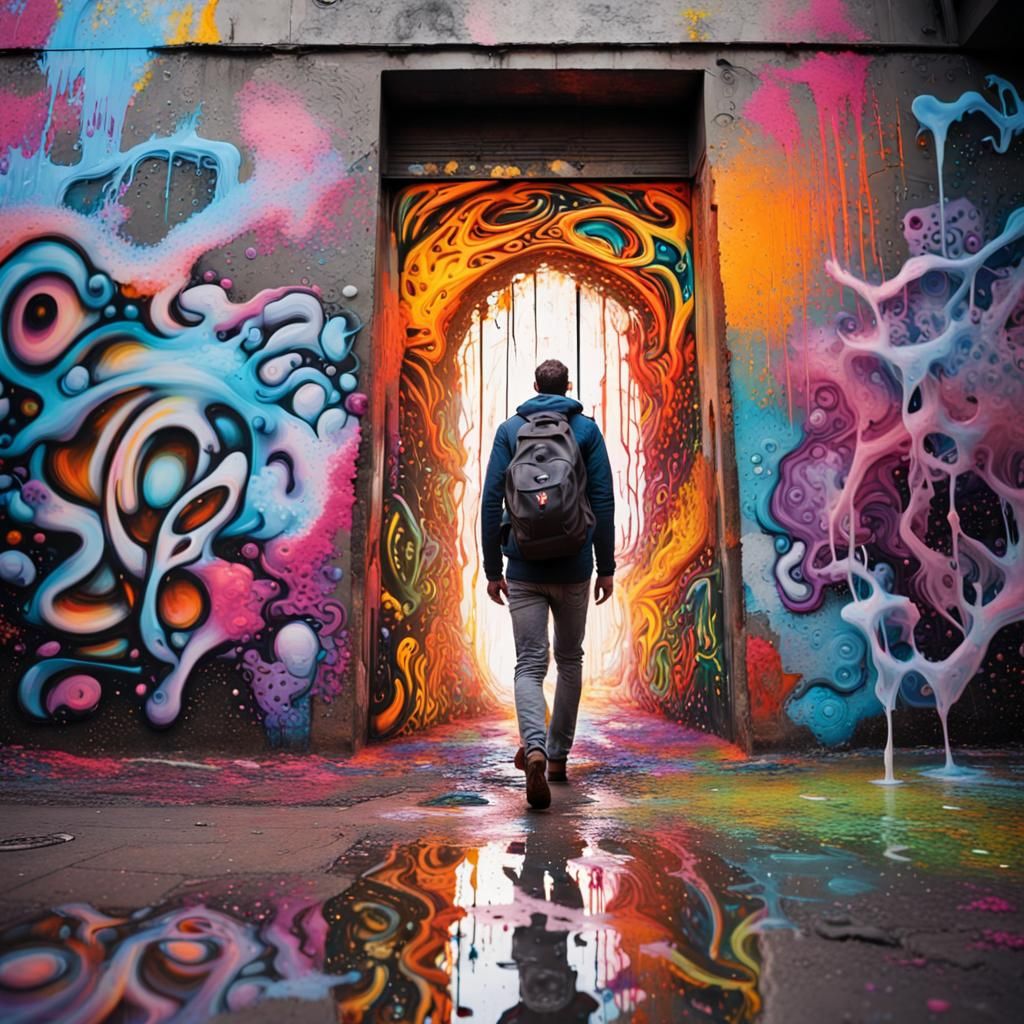 Man Walks Through Portal: Graffiti Art Masterpiece