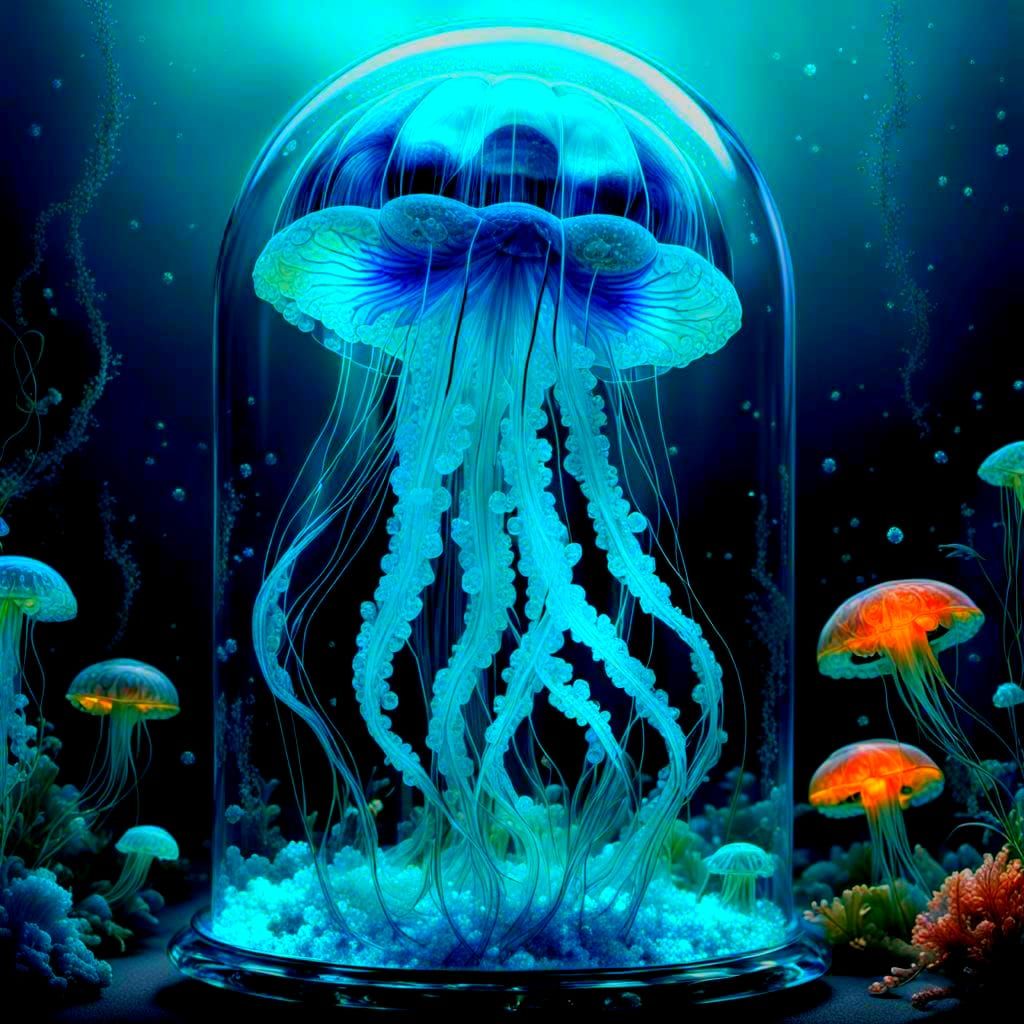 Aquamarine Crystal Jellyfish Sculpture in Bioluminescent Fan...