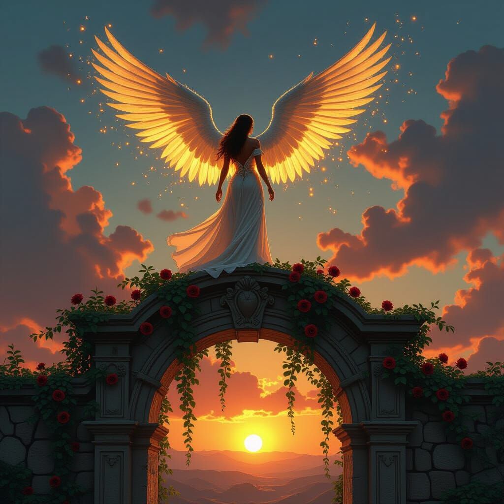 Regal Angel with Golden Wings on Ancient Archway