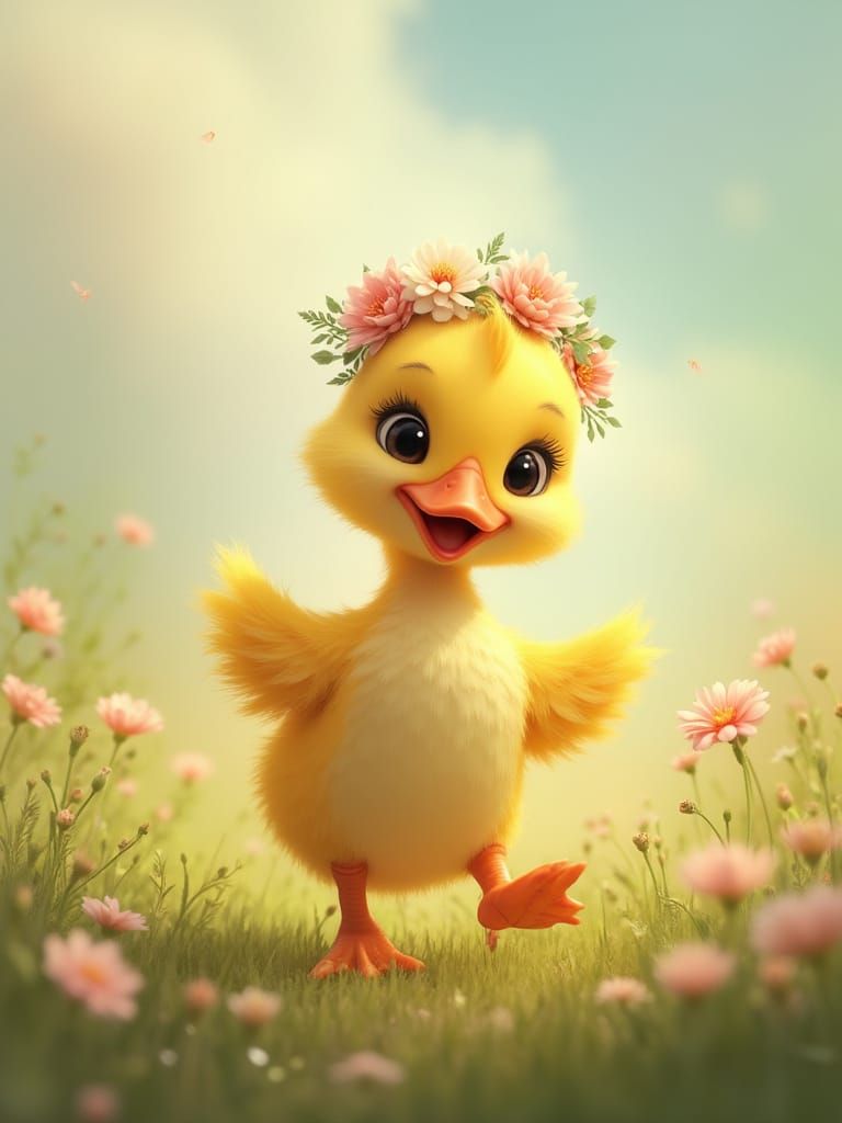 Delicate Duckling Dancing in Wildflower Meadow