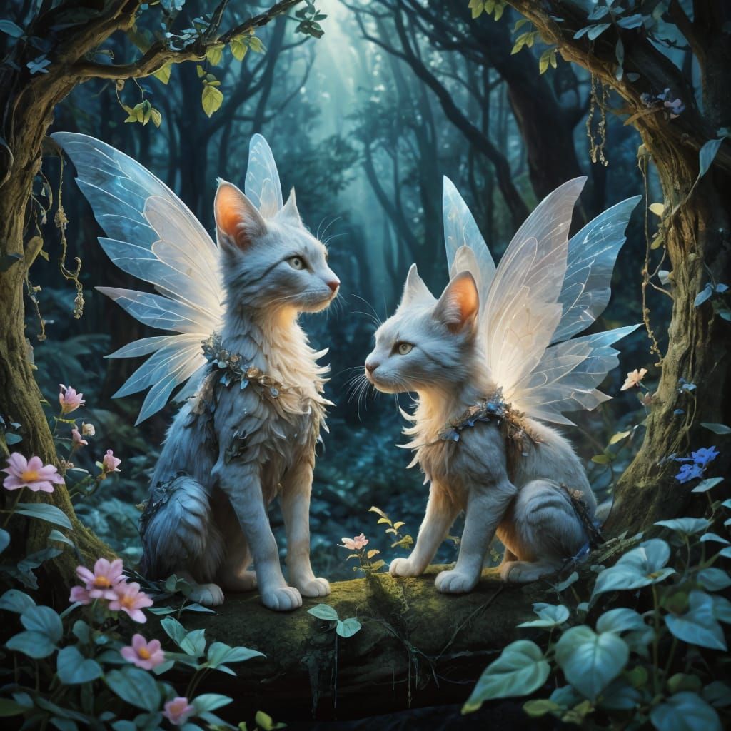 Whimsical Feline vs Fairy Battle Scene