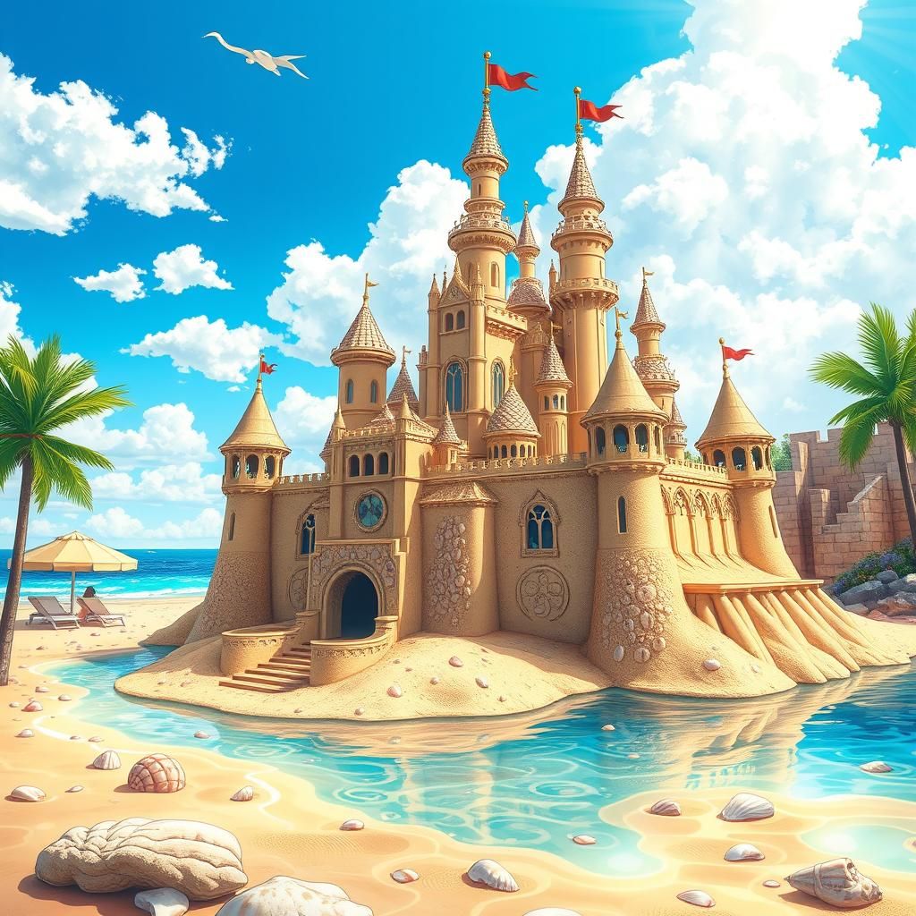 Anime Sandcastle with Seashells on Sunny Beach