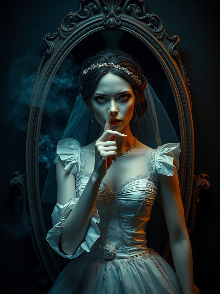 Eerie Mannequin Bride Emerges from Misty Mirror