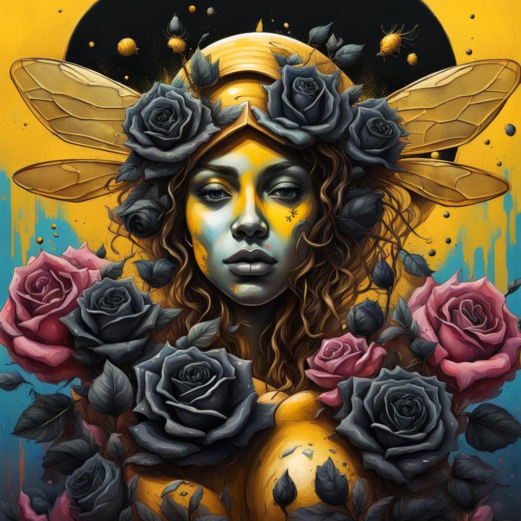 Bee Queen with Roses: Graffiti Street Art