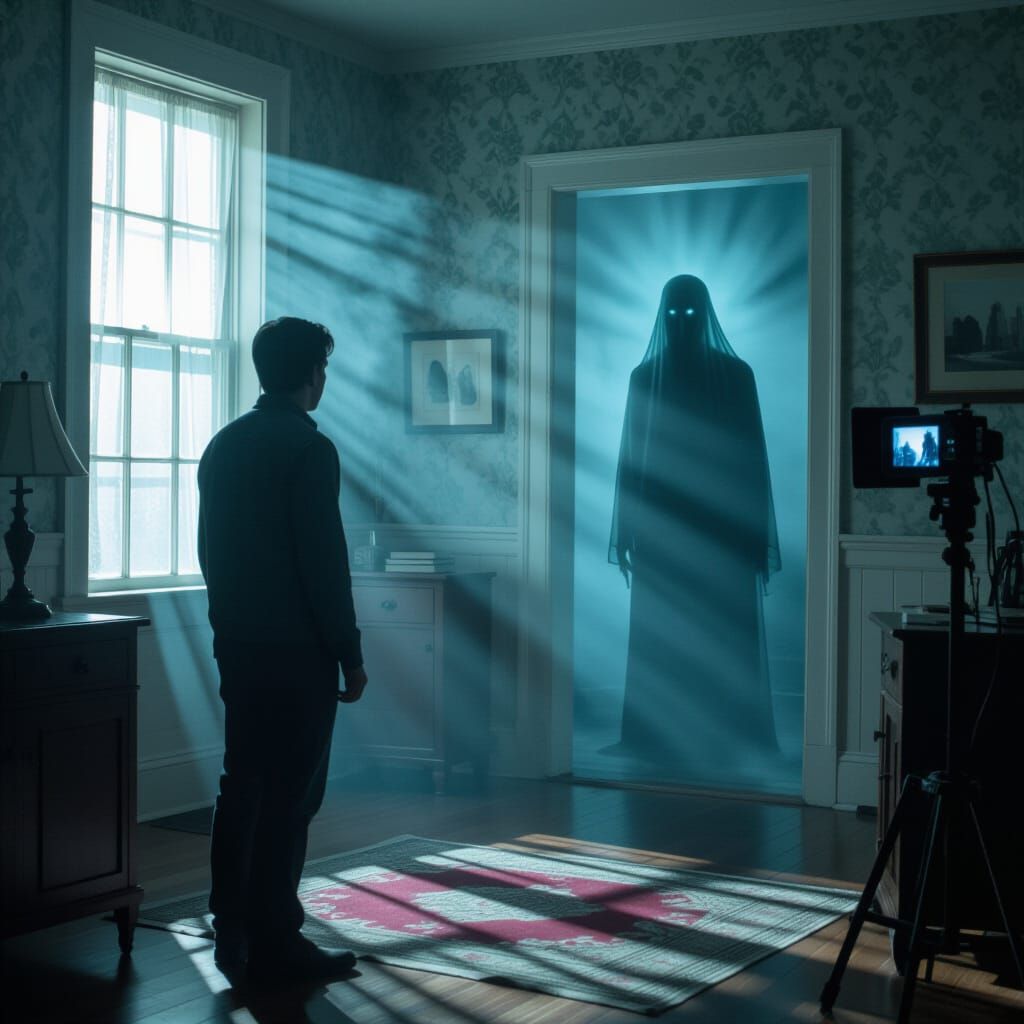 Bewildered Individual Confronts Spectral Figure in Cinematic...