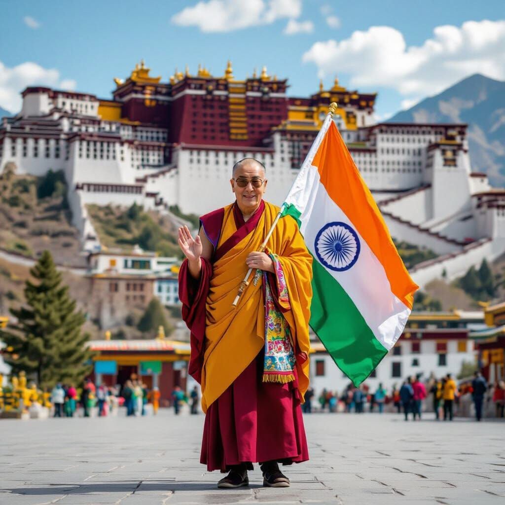 Dalai Lama with Indian Flag, Pop Art Style