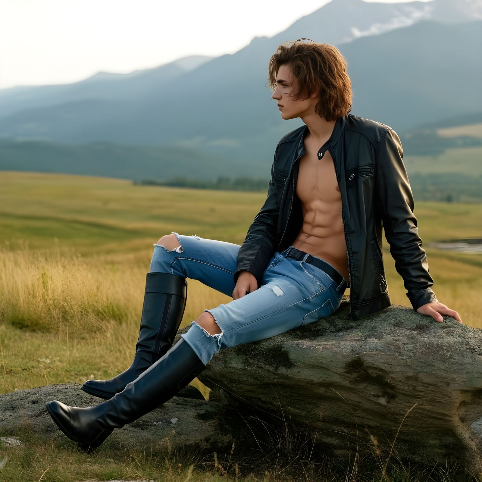 Tall Young Man Lost in Thought on Mountainous Landscape