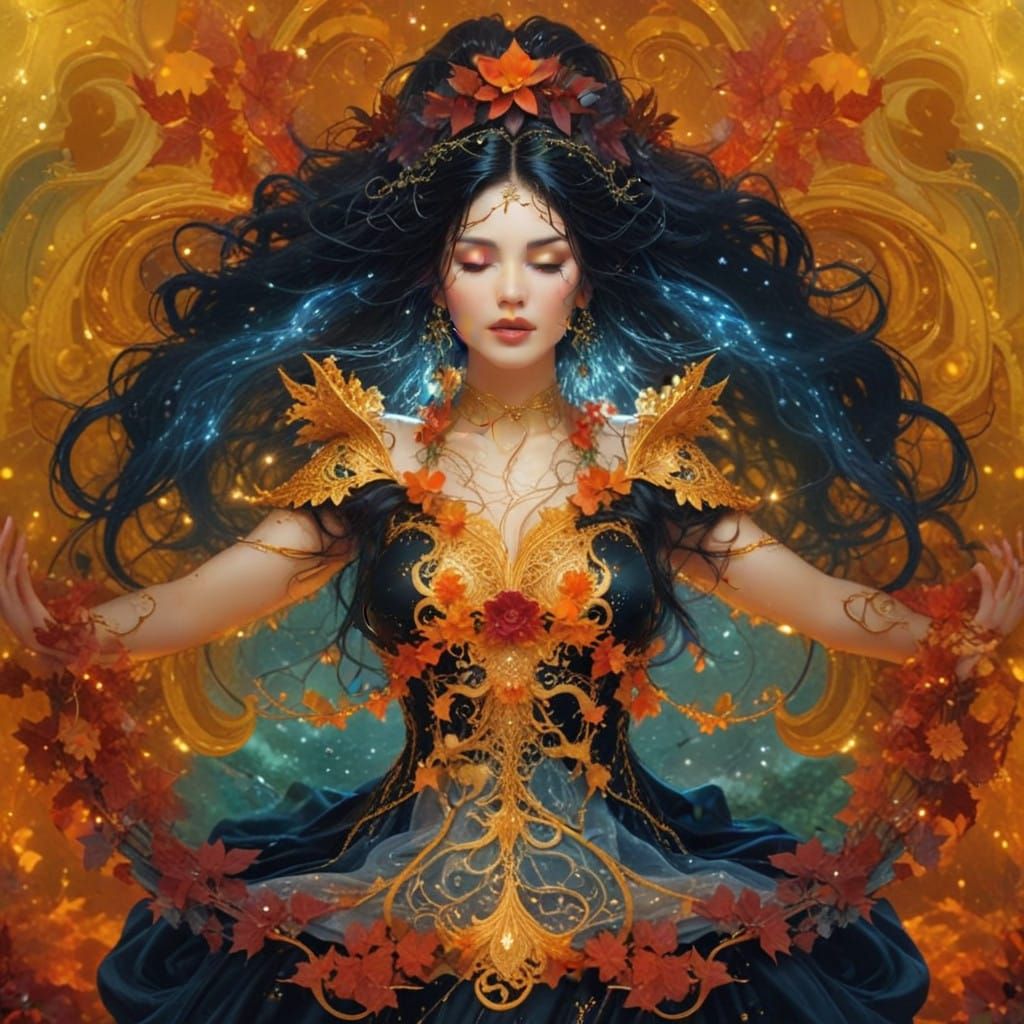 Mysterious Goddess with Intricate Headdress and Stormy Night...