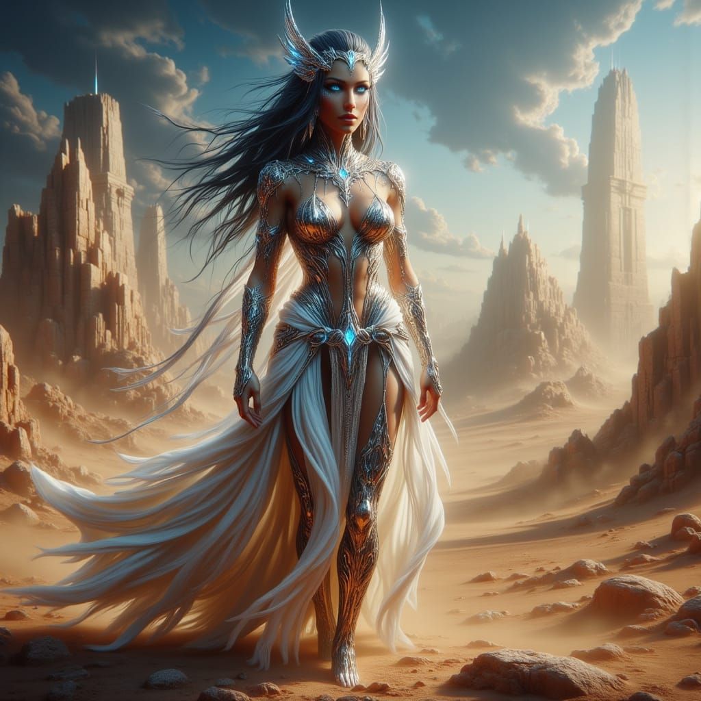 Futuristic Cleopatra Reigns in Ancient Desert Landscape