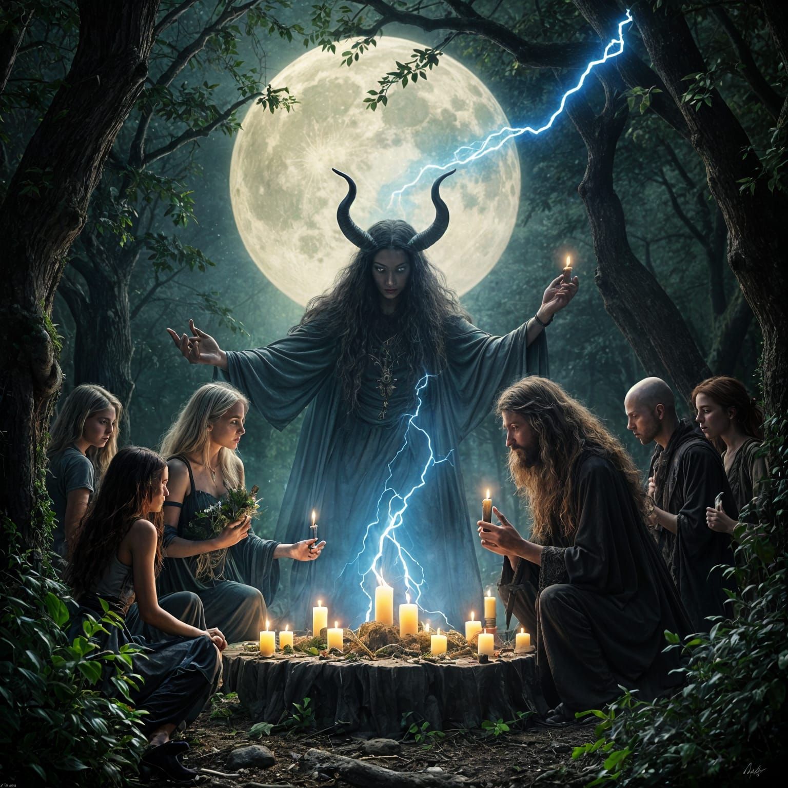 Witches Worship Deity in Moonlit Grove