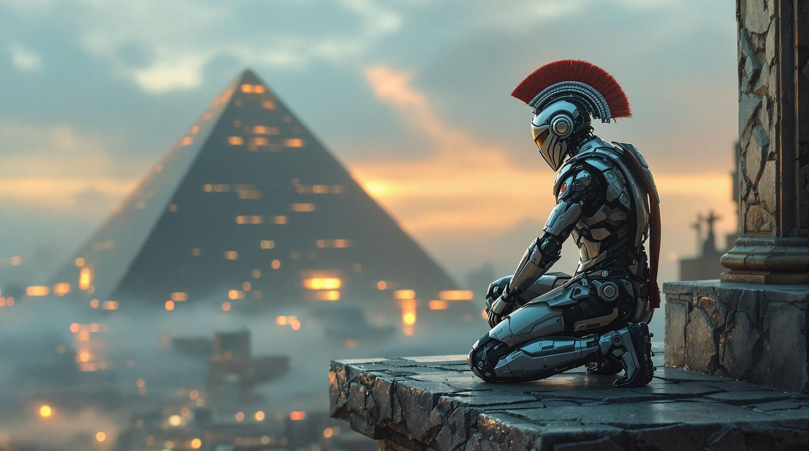 Futuristic Roman Centurion Contemplates Techno-Fog Pyramids