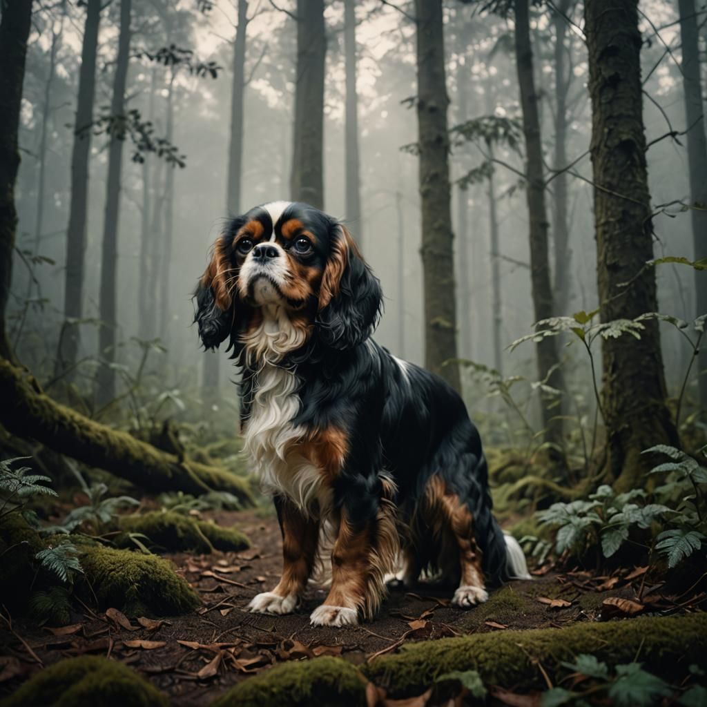 Cavalier King Charles Spaniel in Misty Forest