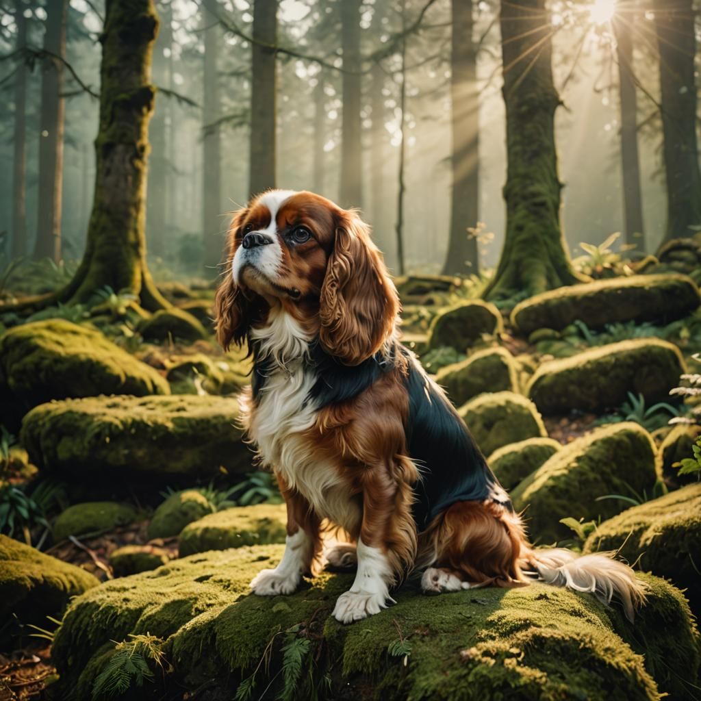 Cavalier King Charles Spaniel in Misty Forest