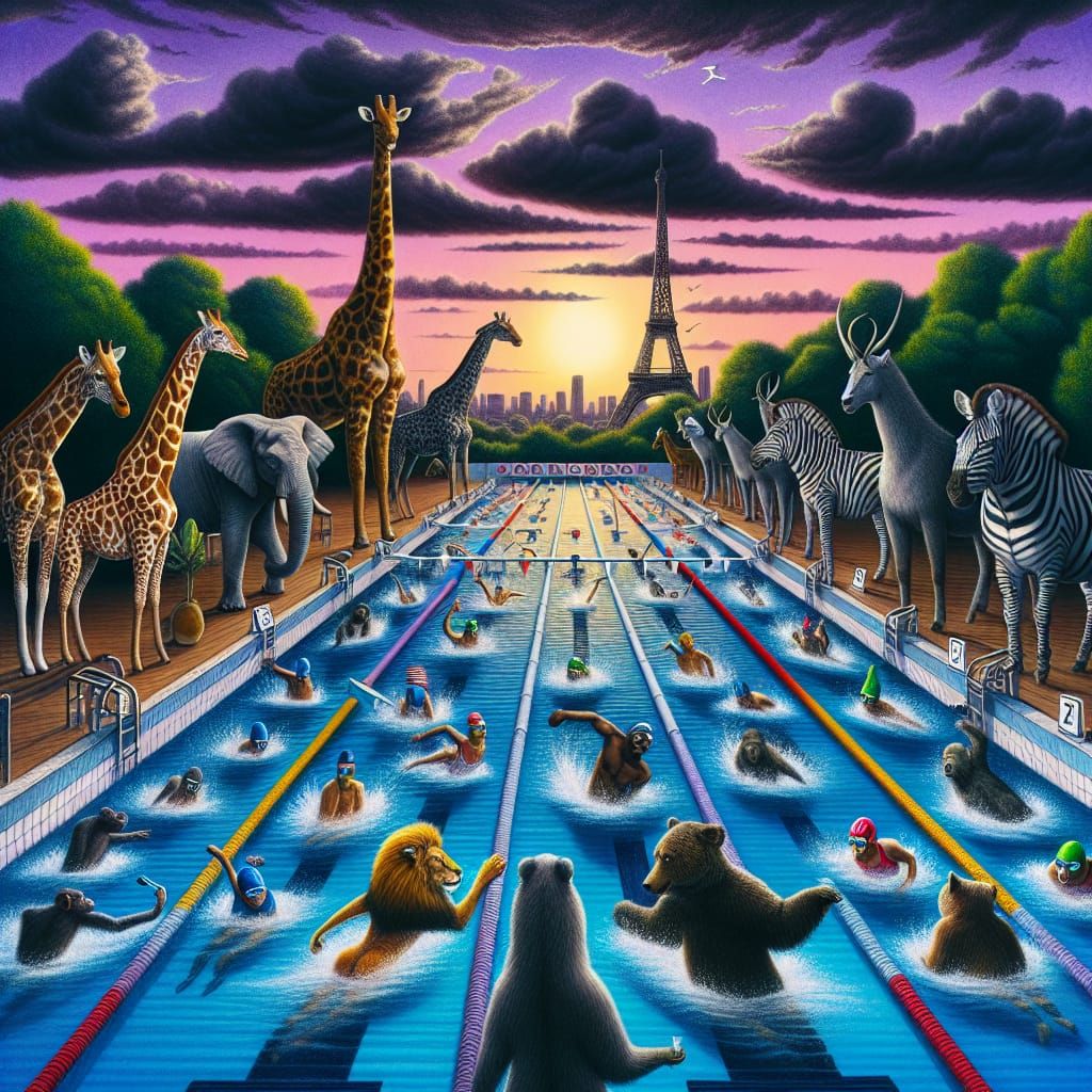 Jungle Animal Olympics Swimming Competition at Sunset