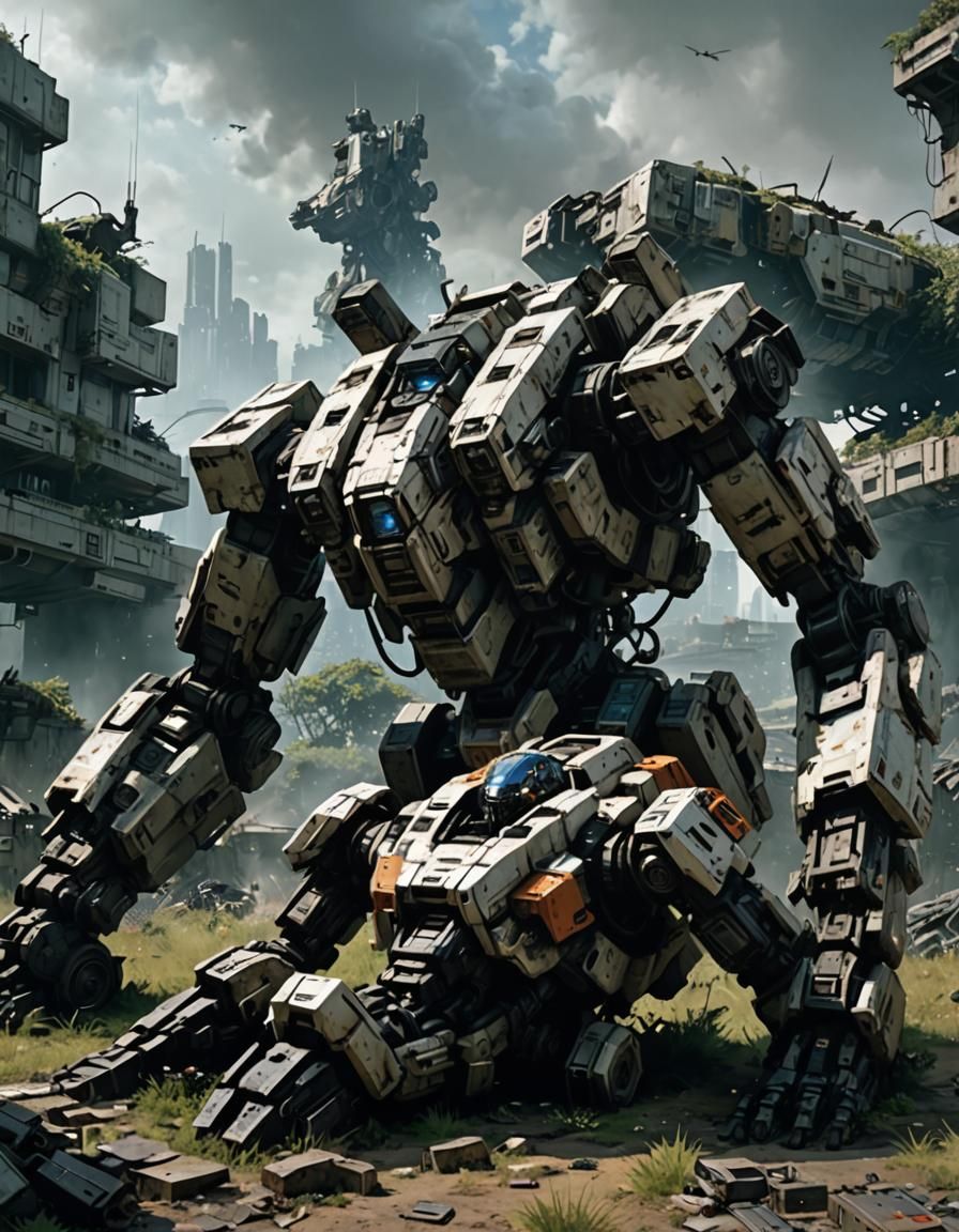 Destroyed Mech in Dystopian Post-Apocalyptic Landscape