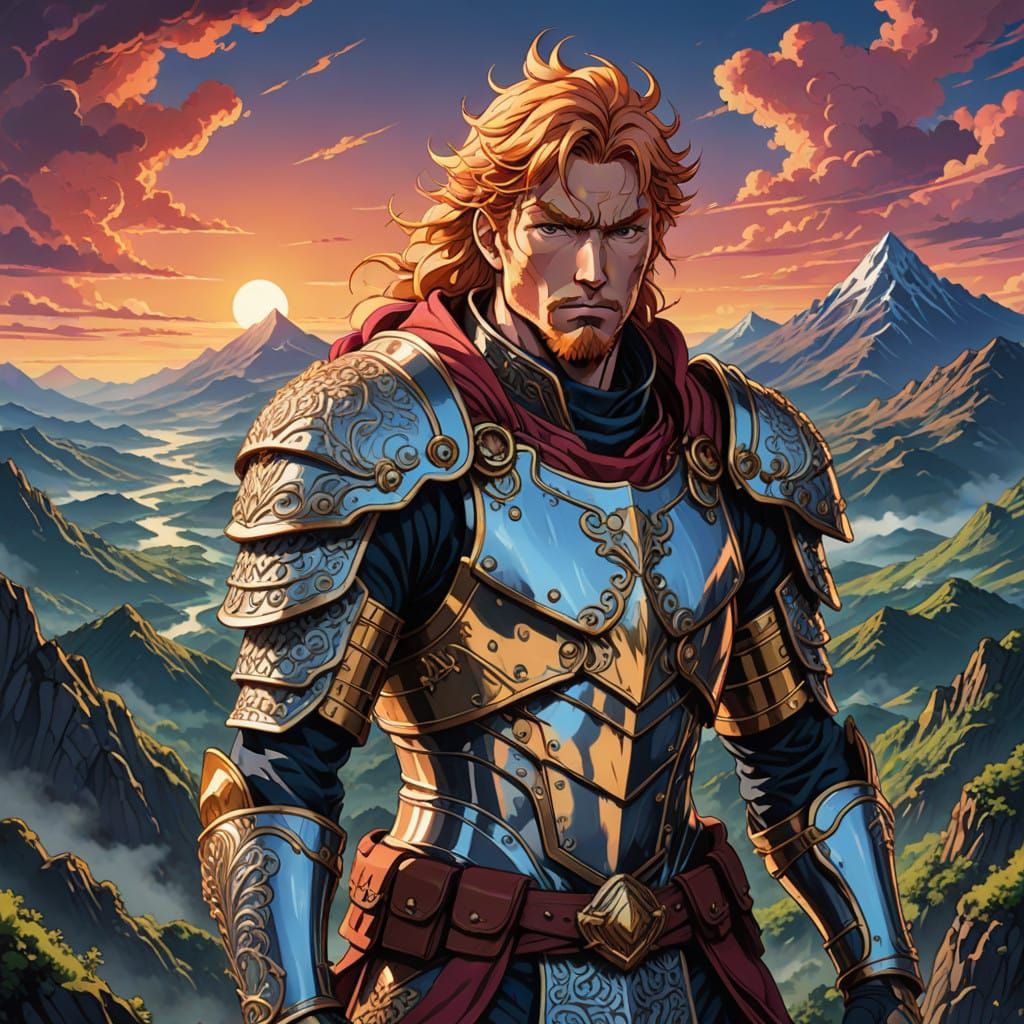 Heroic Warrior Transcends Mountain Majesty in Vibrant Anime...