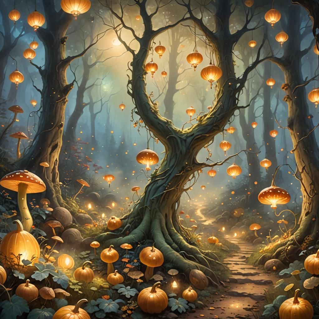 Mystical Gourds in Luminous Forest Painting