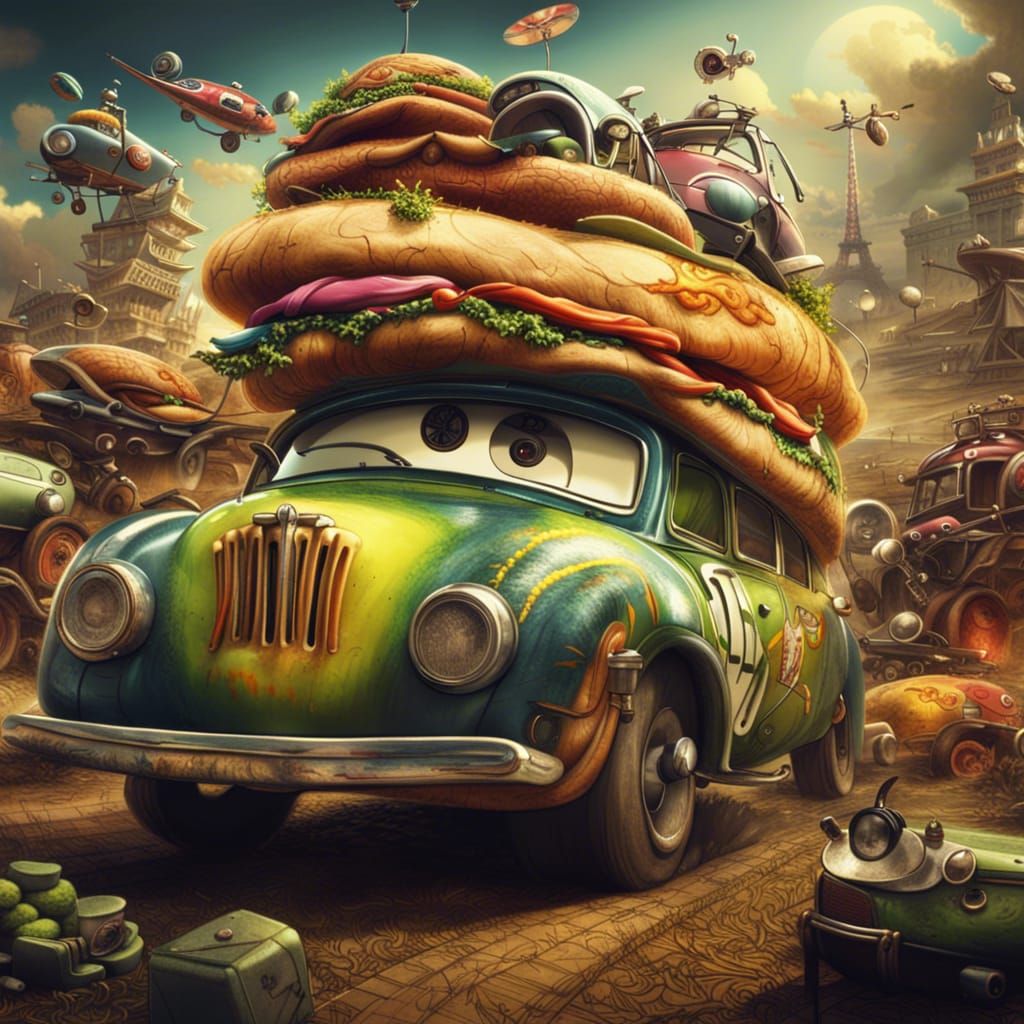 Wacky racers in a sandwich