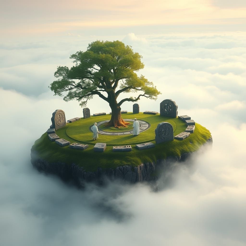 Floating Celtic Sanctuary Above Fog with Druids and Glowing ...