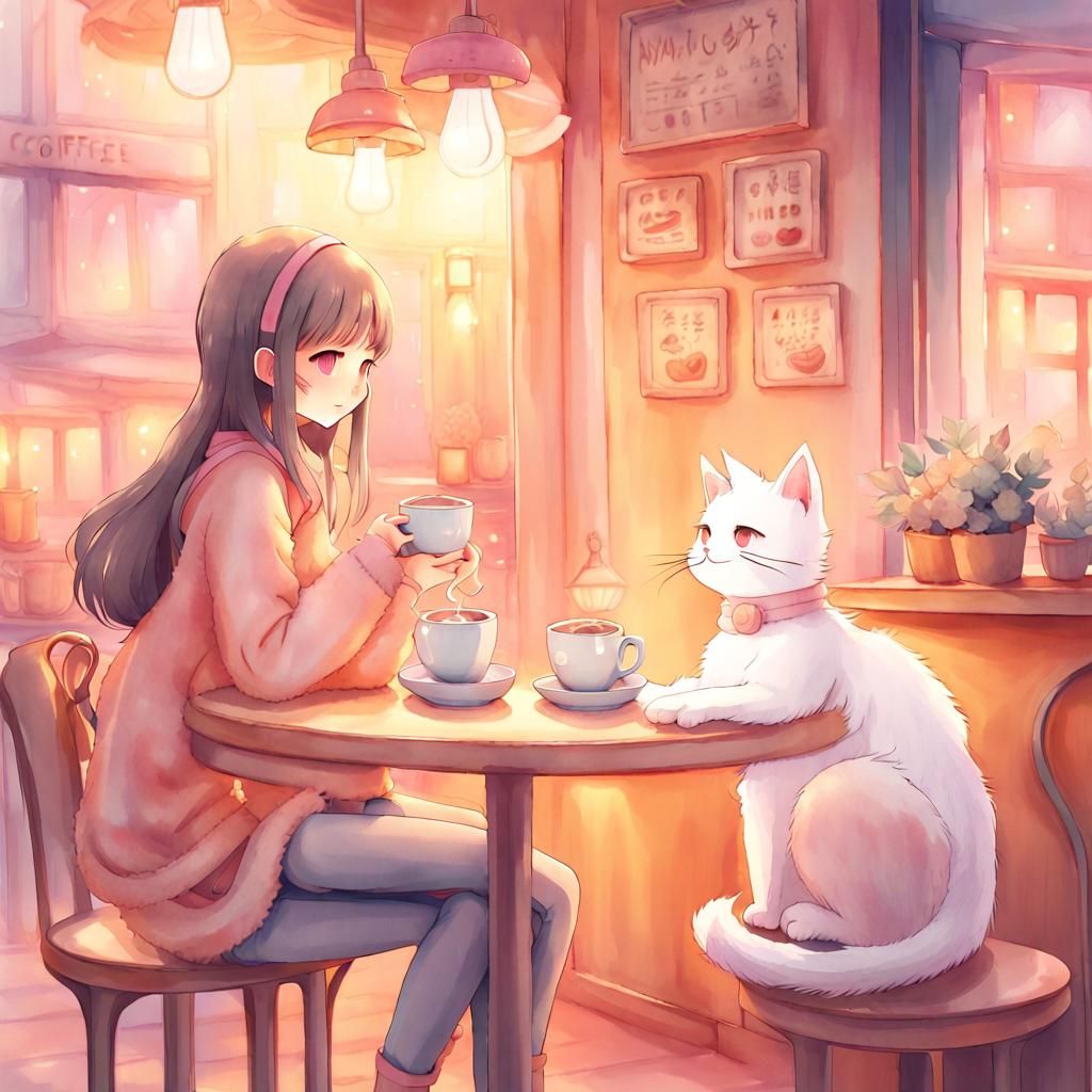 Cozy Anime Cat Café Scene in Watercolor