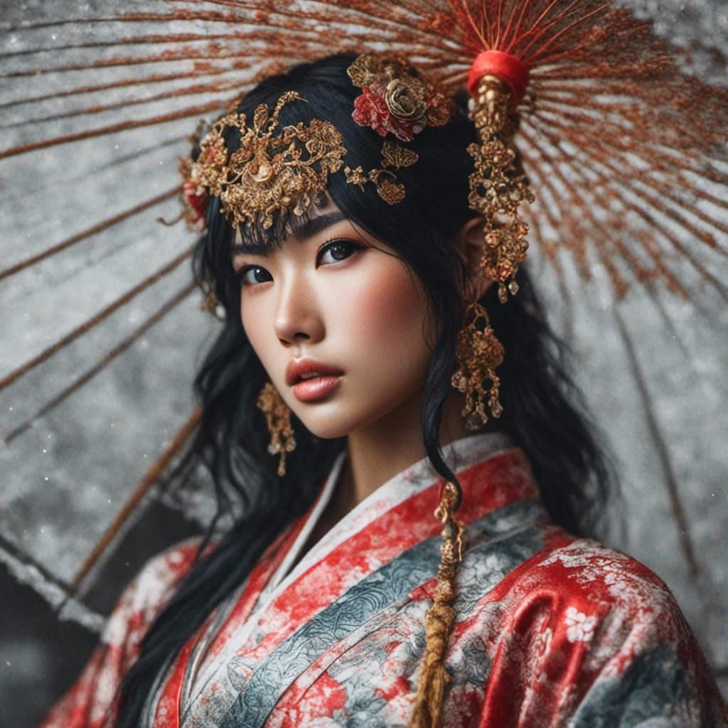 Detailed Portrait of Asian Woman in Kimono