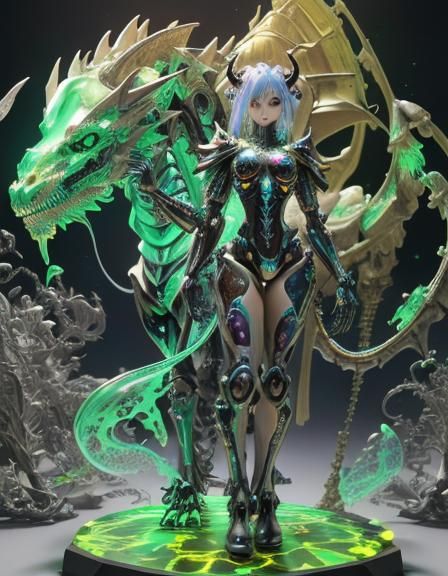 Rainbow Dragon Girl with Metal Skeleton in Anime Style
