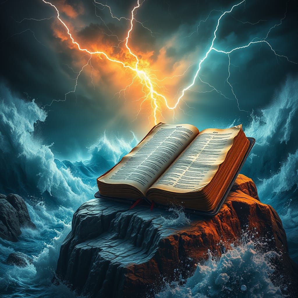 Weathered Bible Standing Firm Against the Tempest