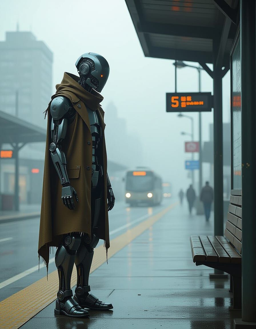 a lone humanoid cyborg wearing a tattered clothes stands at ...