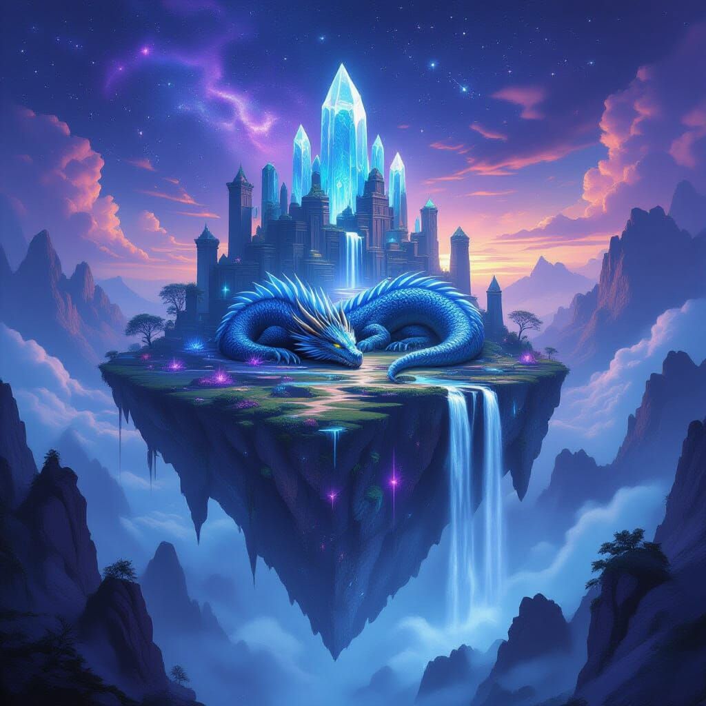 Ancient Dragon on Crystal Island with Luminescent Falls