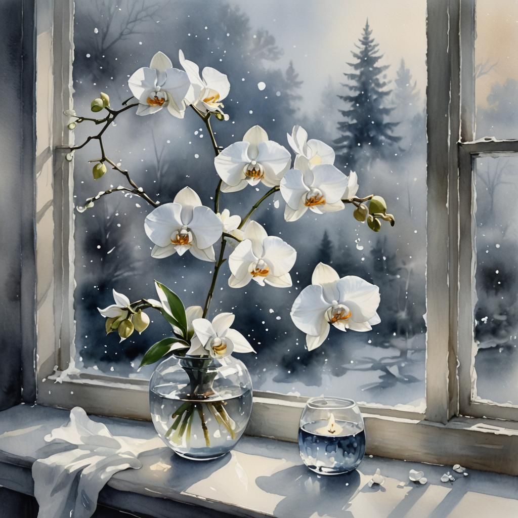 Ethereal Dance of a White Pearl Orchid in Winter's Soft Hush