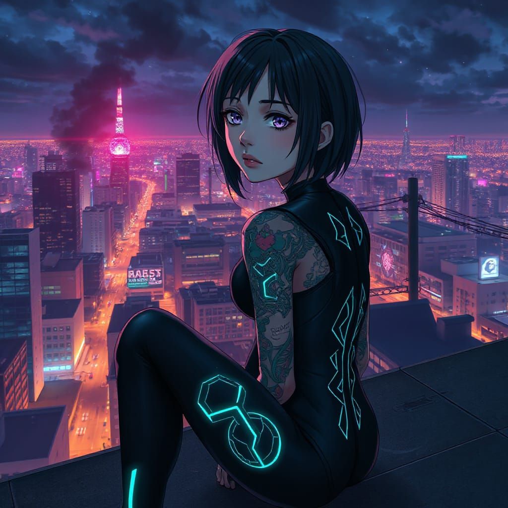 Anime Cyborg Over Cyberpunk City at Night