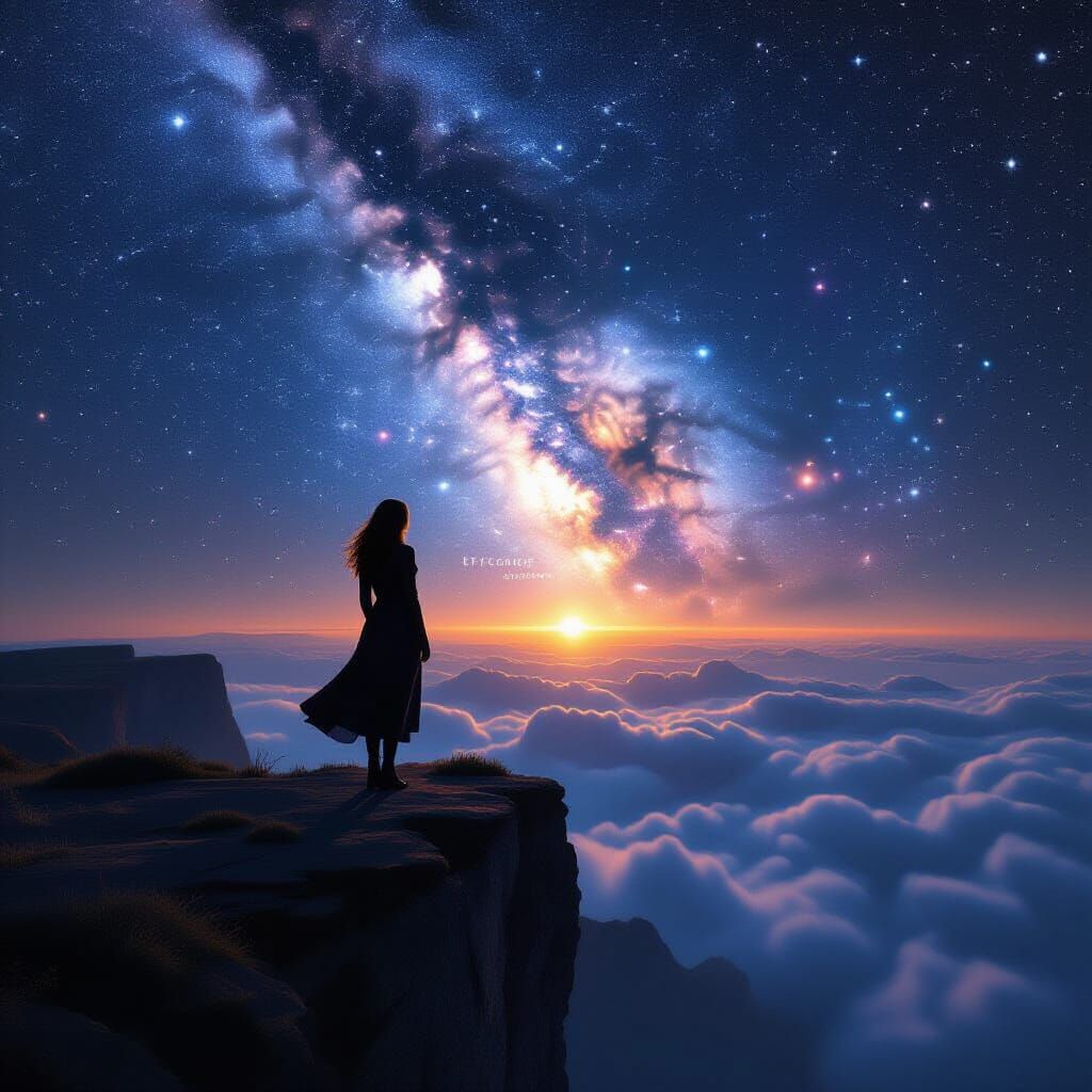 Woman on Cliff Overlooking Starry Expanse with Nebula Double...