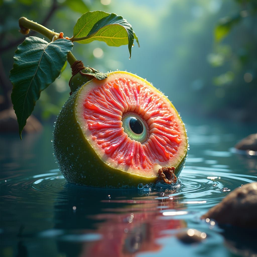 Guava Fruit with Floating Eye in Dreamlike River